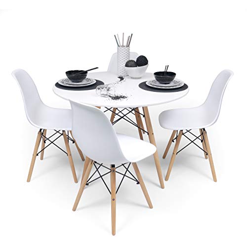 Homely - Conjunto de Comedor Tower 100. Mesa Redonda de 100 cm y 4 sillas Tower (Blanco)