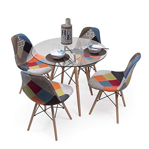 Homely - Conjunto de Comedor Tower Patchwork con Mesa de Cristal de 90 cm y 4 sillas Patchwork