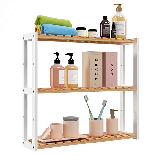 Homfa Estantería Baño Pared Estantería de Bambú Organizador Colgante para Baño Salón o Cocina con 3 Estantes Blanco y Natural 60x15x54cm