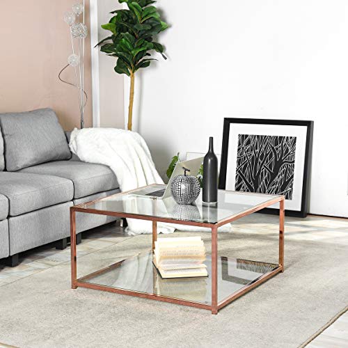 Homylin - Mesa baja rectangular de cristal transparente, mesa central con marco dorado para salón o recepción HLP 80 x 80 x 42 cm Homylin - Mesa baja rectangular de cristal transparente, mesa central con marco dorado para salón o recepción HLP 80 x 80 x 42 cm