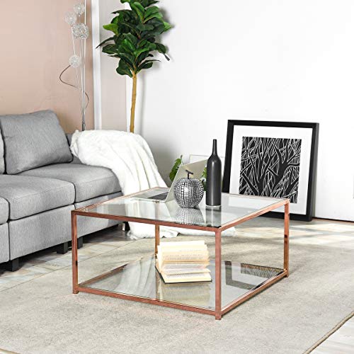 Homylin - Mesa baja rectangular de cristal transparente, mesa central con marco dorado para salón o recepción HLP 80 x 80 x 42 cm