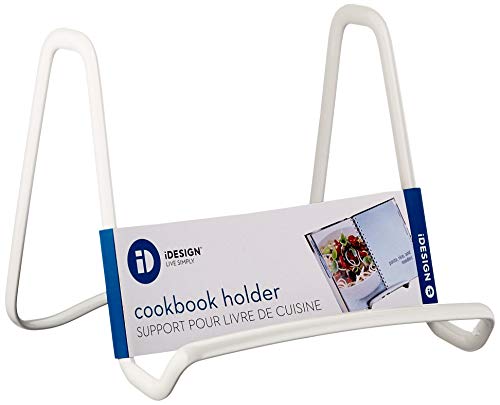 iDesign Atril para libros de cocina, pequeño soporte para platos, libros y fotos de metal, práctico mini caballete para sujetar libros de recetas, blanco