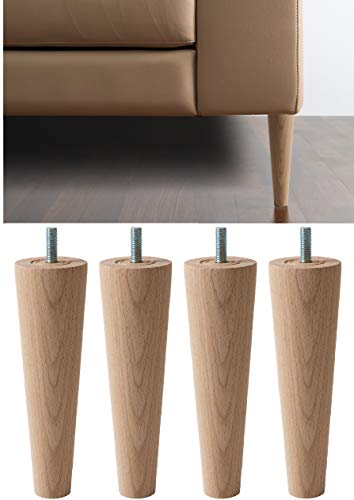 IPEA Juego de 4 Patas de Madera Natural con Forma de Cono para Muebles y sofás – Juego de 4 Patas para armarios y sillones – Varios tamaños Patas de Haya, Color Claro, Altura 200 mm