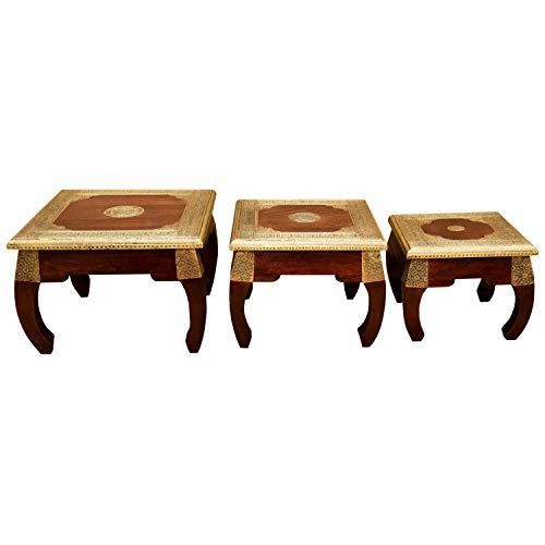 Juego de 3 mesas orientales de opio en madera de Sheesham con intarsias de latón | Mesas auxiliares de madera maciza | Artesanía del Oriente | Bonitos muebles orientales | MA34-100