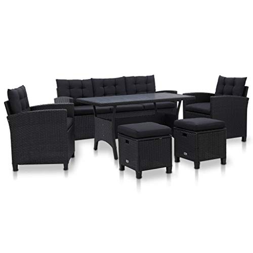 Juego de 6 muebles de comedor de jardín de polirratán negro, 1 mesa + 1 sofá de 3 plazas + 2 sillones + 2 sillas + 5 cojines para el respaldo + 7 cojines para el asiento Juego de 6 muebles de comedor de jardín de polirratán negro, 1 mesa + 1 sofá de 3 plazas + 2 sillones + 2 sillas + 5 cojines para el respaldo + 7 cojines para el asiento