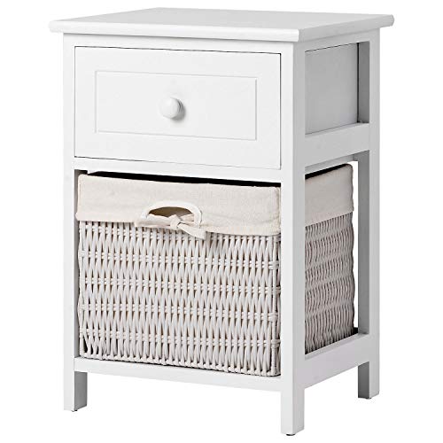 Juego de mesita de noche retro con cesta de mimbre para dormitorio, mesilla de noche de madera con 1 cajón, armario para sala de estar (blanco) Juego de mesita de noche retro con cesta de mimbre para dormitorio, mesilla de noche de madera con 1 cajón, armario para sala de estar (blanco)