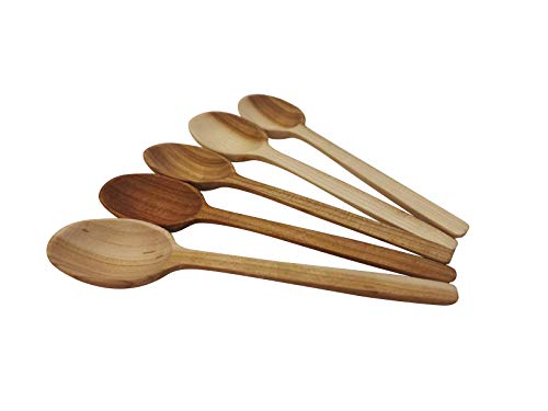 Katas Crafts 5 cucharas de té de madera, 5 piezas, mini cuchara de madera para condimentos, cucharas para comer mezclar, cuchara de mango largo, cuchara de miel hecha a mano