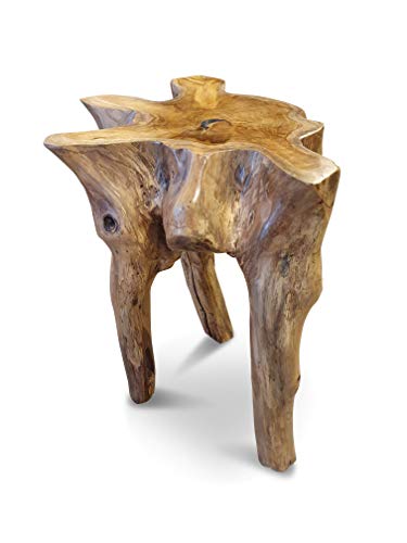 Kinaree Mesa auxiliar de madera de raíz de teca maciza con pedestal Mekong – Mesa auxiliar de madera de teca raíz como soporte para flores o mesita de noche en aspecto rústico