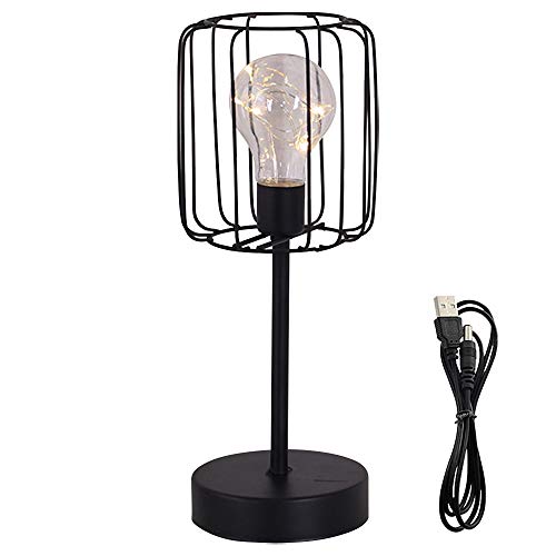 Lámpara de mesa vintage, funciona con pilas, jaula de metal, lámpara de escritorio con bombilla USB y lámpara de mesa para salón, dormitorio, oficina, negro, iluminación decorativa