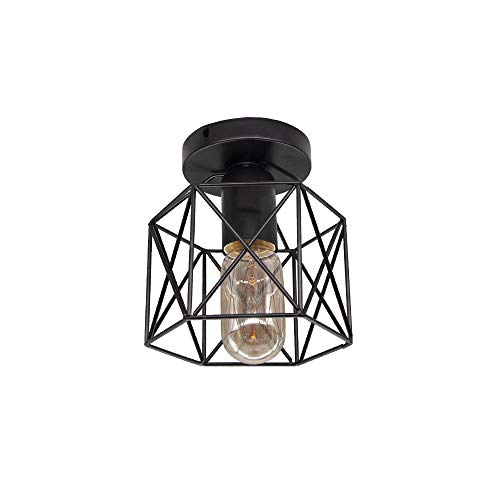Lámpara de techo LED vintage Luz de montaje en superficie de jaula de hierro negro, para cocina, dormitorio, balcón, barra, bombilla Edison, luz cálida, lámpara de techo