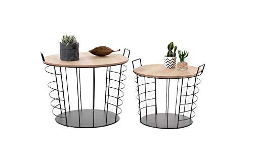 LIFA LIVING Mesita de Centro Redonda con Jaula, Juego de 2 mesitas de café con Tapa, Madera y Metal, Salón, Comedor, Sala de Estar, Dormitorio, 2 tamaños, Metal Negro