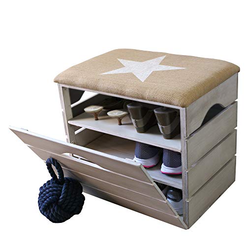 Liza Line Mueble Zapatero de Madera con Puerta (Blanco Envejecido), Banco con Asiento Acolchado, Tela Natural. Ordenar Calzado, Zapatos, Zapatillas. Pino Macizo. Estrella Blanca - 51x47x35 cm Liza Line Mueble Zapatero de Madera con Puerta (Blanco Envejecido), Banco con Asiento Acolchado, Tela Natural. Ordenar Calzado, Zapatos, Zapatillas. Pino Macizo. Estrella Blanca - 51x47x35 cm