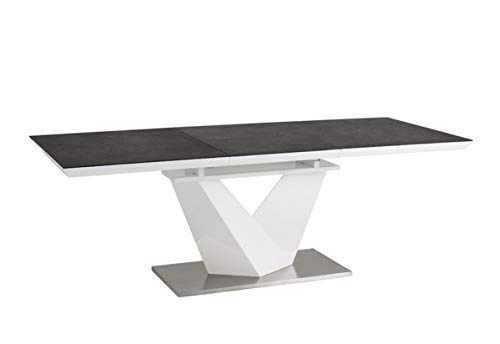 LUENRA Mesa de comedor rectangular (extensible), madera, cristal negro templado 120 (180) x 80 x 75 cm, madera lacada blanca, plataforma de acero cepillado