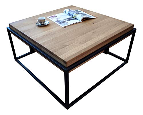 Lumarc Gorizia - Mesa de salón de madera maciza de roble natural de diseño moderno industrial minimalista, roble cuadrado, 75 x 75 x 42 cm