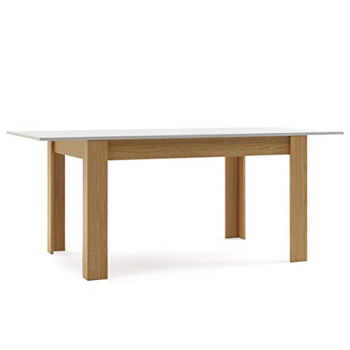 Mc Haus GROTTA - Mesa Comedor Extensible Madera Blanca salón, Mesa Cocina diseño Nórdico y patas de madera Natural 140/190x90x78cm