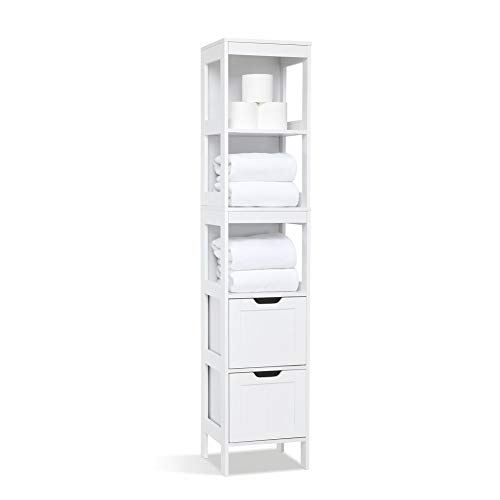 Meerveil Armario Baño Columna, Mueble Baño Auxiliar Estrecho con 3 Estantes Abiertos y 2 Cajones, 30 x30 x144 cm Madera Pintada Blanco Almacenaje Baño, para Cuarto de Baño Sala Cocina