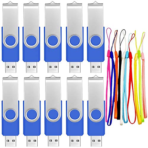 Memoria USB 2 GB 10 Piezas Pen Drives Portátil 2GB PenDrive Económico Kit 10 Unidades USB 2.0 Unidad de Almacenamiento Giratoria Azul Flash Drives con 10pcs Cordones by FEBNISCTE