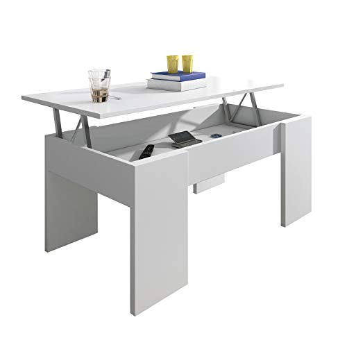 Mesa de Centro elevable, mesita de salón Comedor, Acabado en Blanco, Modelo Gala, Medidas: 90 cm (Ancho) x 50 cm (Fondo) x 33,8/45,3 cm (Alto)