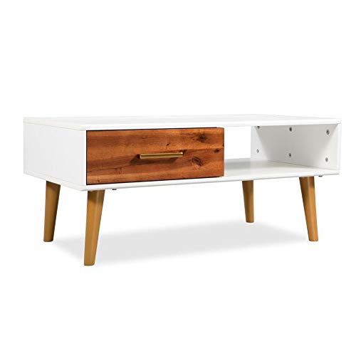 Mesa de Centro, Mesa Auxiliar de Salón Mesita de Noche Mesa de Café con Cajón y Estante Madera de Acacia Maciza + MDF Marrón y Blanco Mate, 90 x 50 x 40 cm