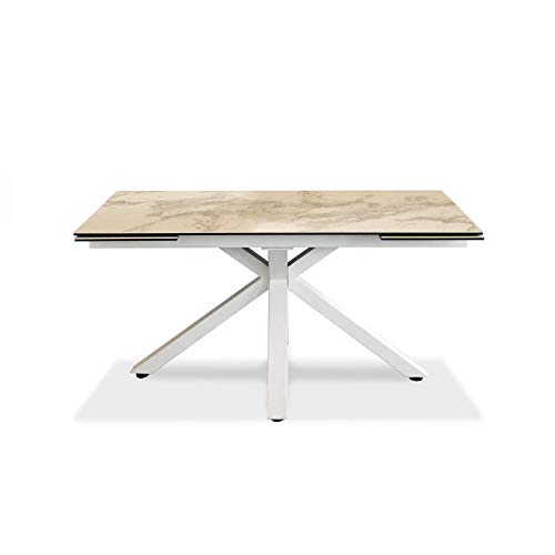 Mesa extensible de 160 cm a 240 cm. Moderna para comedor con dos extensiones. Parte superior de cerámica sobre cristal templado y patas de metal (mármol blanco).