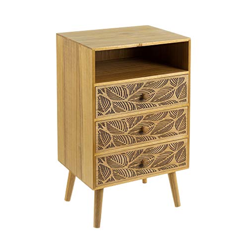 Mesita de Noche 3 cajones Grabados exótica marrón de Madera y MDF, de 40x30x65 cm - LOLAhome Mesita de Noche 3 cajones Grabados exótica marrón de Madera y MDF, de 40x30x65 cm - LOLAhome