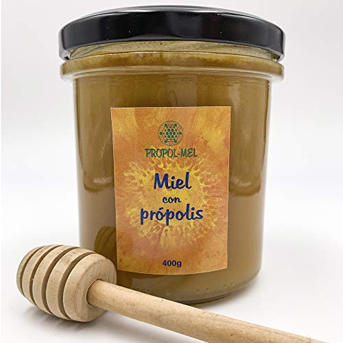 Miel con Propoleo x 400 g. Miel natural con aroma floral, pura y sin pasteurizar. Miel de mil flores con propolis que mejora las defensas y con propiedades antivirales naturales.