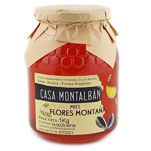 Miel de abeja pura Flores Montaña Hecha en España 100% Natural, Miel cruda sin calentar sin aditivos directo de Apicultor- 1 Kg