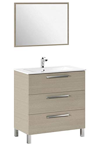Miroytengo Conjunto Mueble baño Taria 3 cajones + Espejo con Lavabo cerámico Color Roble Estilo Moderno 86x80x45 cm