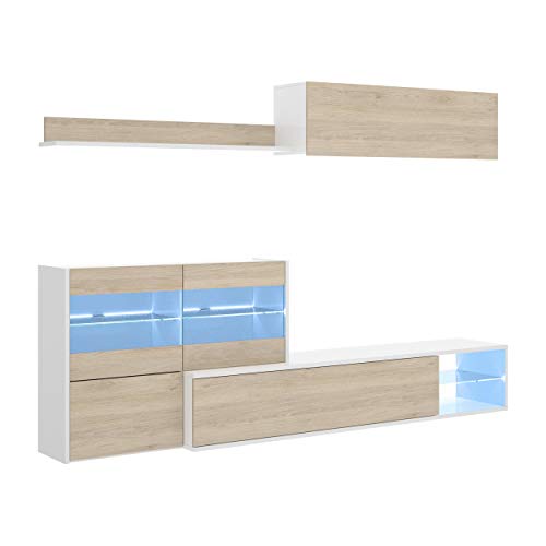 Mobelcenter - Mueble de Salón Reversible - Módulo TV y Vitrina, Módulo Superior y Estante - Color Blanco Brillo y Roble Natural - Medidas: Ancho: 233-260 cm x Alto: 86 cm x Fondo: 41-118 cm - (1207) Mobelcenter - Mueble de Salón Reversible - Módulo TV y Vitrina, Módulo Superior y Estante - Color Blanco Brillo y Roble Natural - Medidas: Ancho: 233-260 cm x Alto: 86 cm x Fondo: 41-118 cm - (1207)