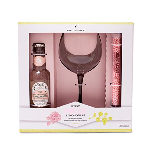 Modern Gourmet Foods, Set de Regalo Kit Rosa para GinTonic, Incluye un vaso de Gin Tonic, agua de pomelo rosa y perlas comestibles