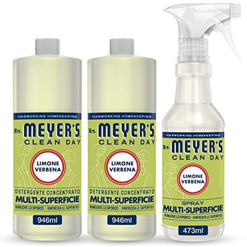 Mrs Meyer's Clean Day - Set de limpieza (1 spray multisuperficie + 2 limpiador concentrado multisuperficie, aroma a limón y verbena, productos creados con aceites esenciales, 1 x 473 ml + 2 x 946 ml)