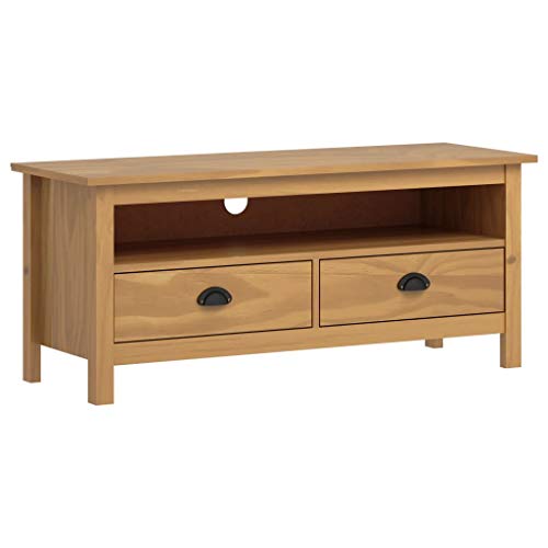 Mueble bajo para TV de madera maciza de pino 110 x 40 x 47 cm Mueble para TV con 2 cajones y 1 compartimento para salón – Marrón miel Mueble bajo para TV de madera maciza de pino 110 x 40 x 47 cm Mueble para TV con 2 cajones y 1 compartimento para salón – Marrón miel