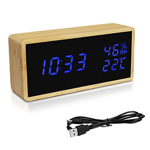 Navaris Reloj Digital de Madera con conexión USB y LED en Azul - Despertador con 3 alarmas indicador de Humedad y Temperatura - En marrón Claro