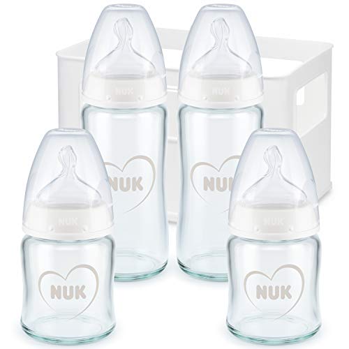 NUK First Choice+ kit de biberones de iniciación de cristal, 0-6 meses, 4 biberones anticólico y una cesta para biberones, Sin BPA, Gris y blanco, 5 unidades