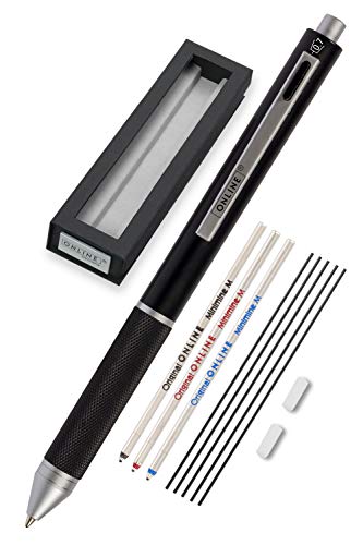 Online Multipen 4 en 1 negro | Bolígrafo y lápiz multifunción metal | 3 minas de bolígrafo en azul, negro y rojo, 1 mina de portaminas | incluye goma de borrar, en caja de regalo