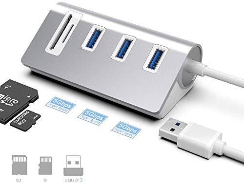 Opluz USB 3.0 Hub y Lector de Tarjetas SD Combo, Adaptador de concentrador USB de aleación de Aluminio Multifuncional 5 en 1 con 3 Puertos USB 3.0 y Ranuras SD y TF, Compatible con Windows/Mac/Linux