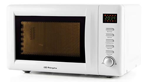 Orbegozo MIG2036 Microondas con grill, 20 litros de capacidad, 8 menús de cocción automática, 5 niveles de potencia, display digital, temporizador 60 minutos, 800 W, Acero, Blanco