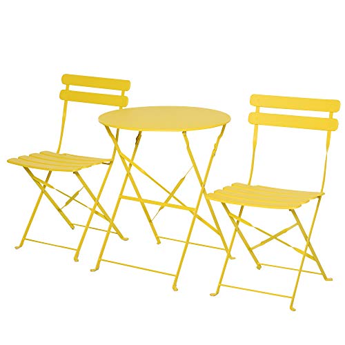 Outsunny Conjunto Muebles Plegables de Jardín de 3 Piezas Mesa y 2 Sillas de Metal para Balcón Terraza Exteriores Ø60x71 cm Amarillo