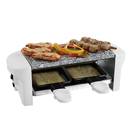 Raclette Grill para 2 personas, parrilla de mesa, parrilla eléctrica de piedra caliente (2 sartenes, revestimiento antiadherente, pies antideslizantes, color blanco)