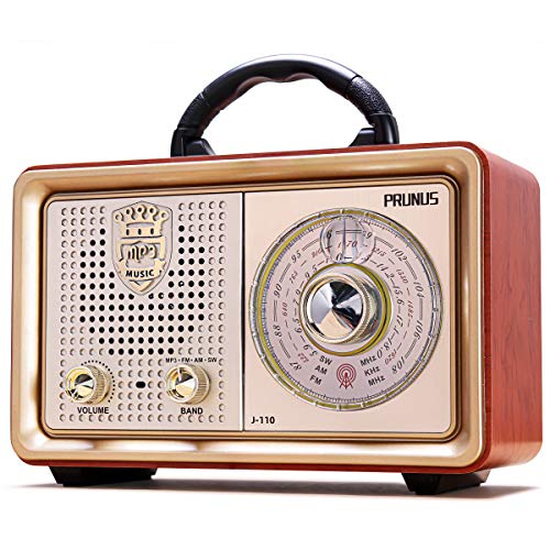 Radio portátil PRUNUS J-110BT FM Am(MW) Bluetooth SW AUX MP3. con un clásico gabinete Retro de Madera. Altavoz de 3W Incorporado, sin Enchufe para Auriculares. (Oro)