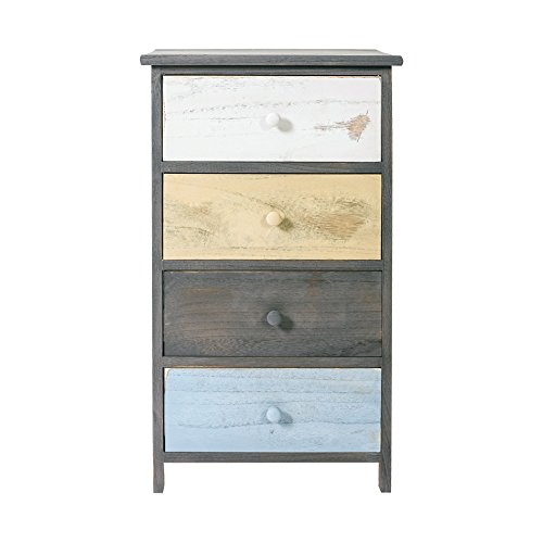 Rebecca Mobili Cajonera Vintage, mesita de Noche 4 cajones, Madera de Paulownia, Blanco Beige Azul, para Dormitorio y baño - Medidas: 72 x40 x 29 cm (AxANxF) - Art. RE4884