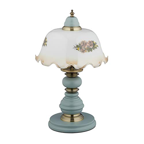 Relaxdays Lámpara de mesa, diseño de flores, estilo rústico, E27, madera, cristal, lámpara de mesa, altura 44 x 27 cm, color blanco/gris