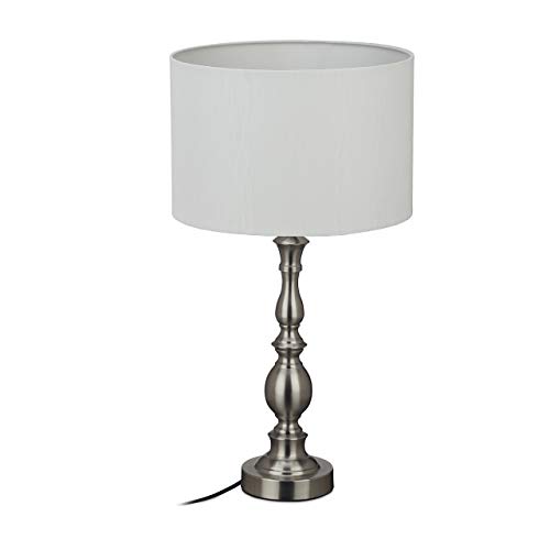 Relaxdays Lámpara de mesa, pantalla de tela, casquillo E27, para salón y dormitorio, lámpara de noche vintage, 57 x 30,5 cm, color plateado