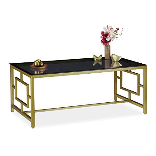 Relaxdays Mesa Centro Cristal, Rectangular, Vidrio y Metal, 45 x 110 x 60 cm, Negro y Dorado