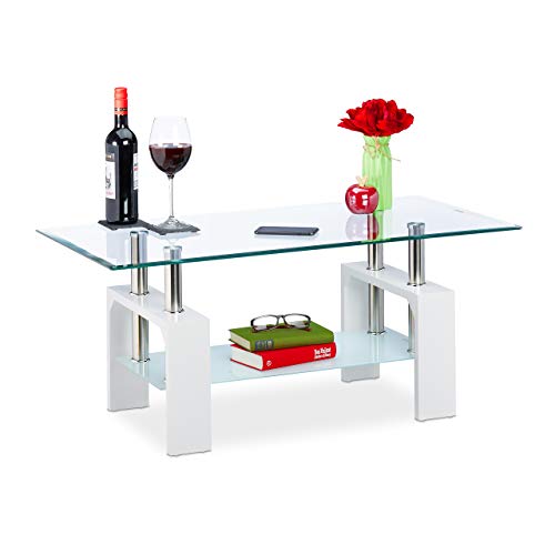 Relaxdays Mesa de Centro (2 Niveles de Cristal, con Espacio de Almacenamiento, imitación de Madera, para salón, Rectangular, 43 x 99,5 x 49,5 cm), Color Blanco, 1 Unidad Relaxdays Mesa de Centro (2 Niveles de Cristal, con Espacio de Almacenamiento, imitación de Madera, para salón, Rectangular, 43 x 99,5 x 49,5 cm), Color Blanco, 1 Unidad