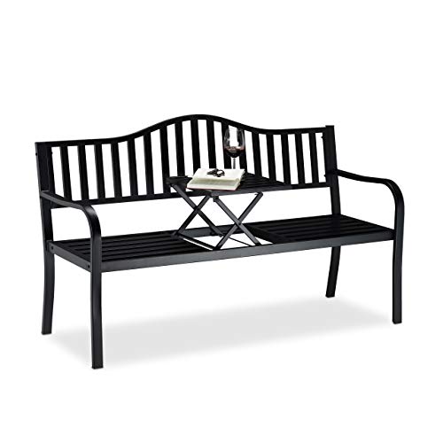 Relaxdays, Negro, Banco Jardín y Terraza de 3 Plazas con Mesa Plegable, Acero, 90 x 150 x 57,5 cm Relaxdays, Negro, Banco Jardín y Terraza de 3 Plazas con Mesa Plegable, Acero, 90 x 150 x 57,5 cm