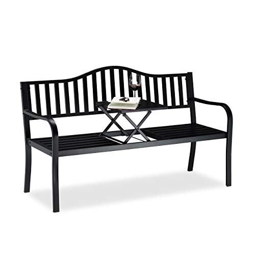 Relaxdays, Negro, Banco Jardín y Terraza de 3 Plazas con Mesa Plegable, Acero, 90 x 150 x 57,5 cm