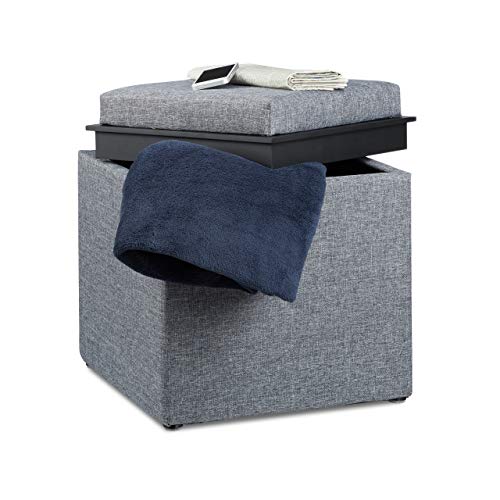 Relaxdays Puff Almacenaje Acolchado con Bandeja, Poliéster, Gris Oscuro, 42 x 40.5 x 40.5 cm Relaxdays Puff Almacenaje Acolchado con Bandeja, Poliéster, Gris Oscuro, 42 x 40.5 x 40.5 cm