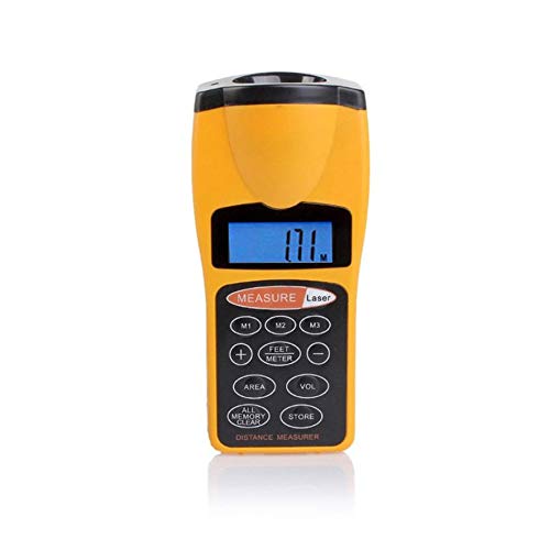 Rouku CP-3007 LCD Medidor de Distancia ultrasónico Medidor de Rango con Puntero láser Telémetro Digital de Uso doméstico (Color: Amarillo y Negro)