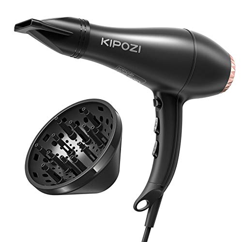 Secador Pelo KIPOZI, Profesional 2200W Ac Motor, Secador Iónico con Difusor y Concentrador, Tiempo de Secado Rápido, Negro